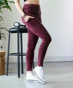 42POPS | Dark Burgundy Mineral Wash Wide-Waistband Full-Length Leggings - Women