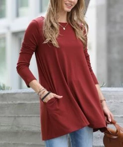 42POPS | Dark Rust Boatneck Long-Sleeve Pocket Swing Top - Women