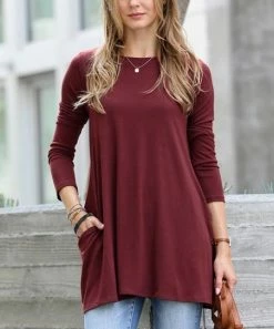 42POPS | Dark Burgundy Boatneck Long-Sleeve Pocket Swing Top - Women