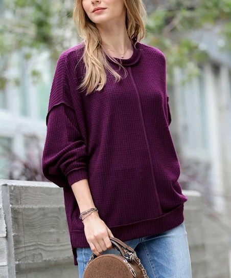 42POPS | Dark Plum Brushed Waffle Exposed-Seam Oversize Sweater - Women