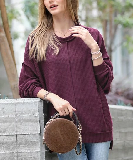 42POPS | Eggplant Brushed Waffle Exposed-Seam Oversize Sweater - Women