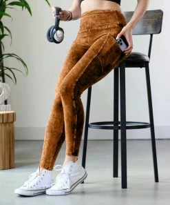 42POPS | Golden Mustard Mineral Wash Wide-Waistband Full-Length Leggings - Women