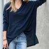 42POPS | Midnight Navy Brushed Thermal Waffle V-Neck Hi-Low Sweater - Women