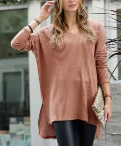 42POPS | Cocoa Brushed Thermal Waffle V-Neck Hi-Low Sweater - Women