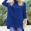 42POPS | Midnight Navy Waffle-Knit Cowl-Neck Side-Slit Hi-Low Sweater - Women