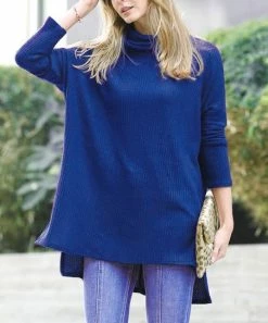 42POPS | Midnight Navy Waffle-Knit Cowl-Neck Side-Slit Hi-Low Sweater - Women