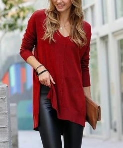 42POPS | Copper Red Front-Seam V-Neck Side-Slit Hi-Low Sweater - Women