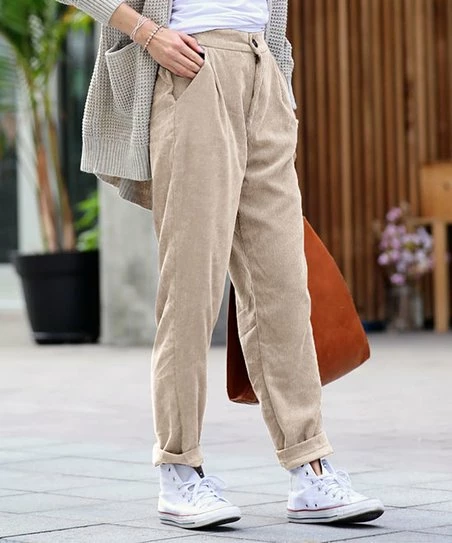 42POPS | Beige Corduroy High-Rise Pocket Pants - Women