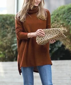 42POPS | Deep Camel Waffle-Knit Cowl-Neck Side-Slit Hi-Low Sweater - Women