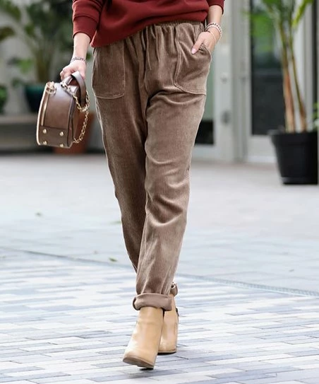 42POPS | Mocha Corduroy Drawstring-Waist Pocket Cuffed Pants - Women