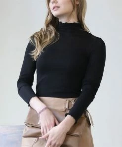 42POPS | Black Semi-Sheer Lettuce-Edge Mock Neck Long-Sleeve Top - Women