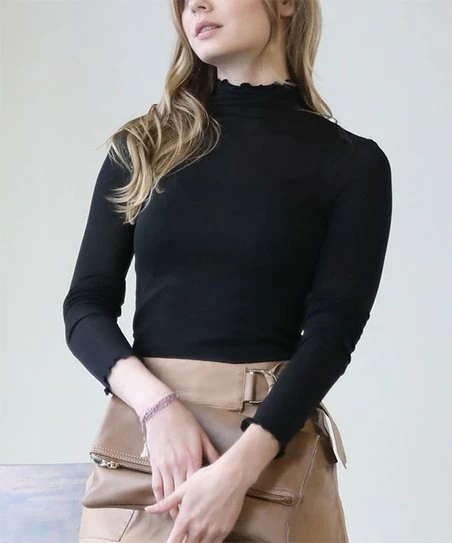 42POPS | Black Semi-Sheer Lettuce-Edge Mock Neck Long-Sleeve Top - Women