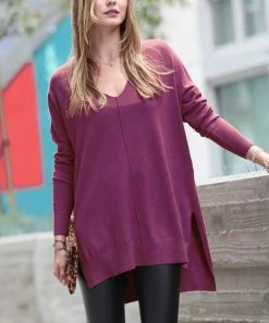 42POPS | Eggplant Front-Seam V-Neck Side-Slit Hi-Low Sweater - Women