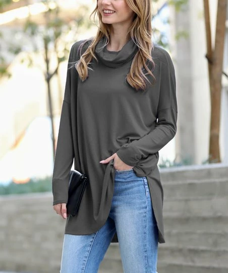 42POPS | Ash Gray Cowl Neck Long-Sleeve Hi-Low Tunic - Women