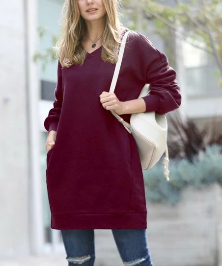 42POPS | Dark Plum V-Neck Sweatshirt Dress - Women