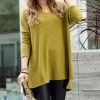 42POPS | Olive Mustard Waffle-Knit V-Neck Hi-Low Sweater - Women