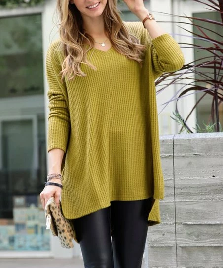 42POPS | Olive Mustard Waffle-Knit V-Neck Hi-Low Sweater - Women