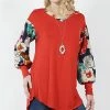 42POPS | Rust Floral Bishop-Sleeve Notch Neck Tunic - Women