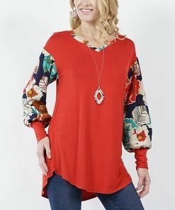 42POPS | Rust Floral Bishop-Sleeve Notch Neck Tunic - Women