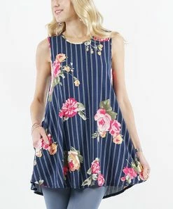 42POPS | Navy & Fuchsia Floral Stripe Round-Neck Sleeveless Pocket Tunic - Women