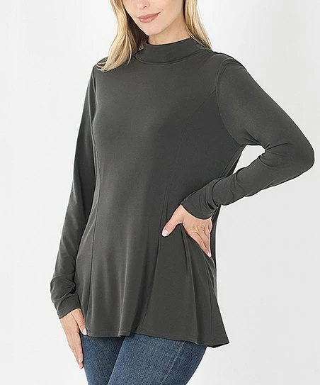 42POPS | Ash Gray Princess-Seam Mock Neck Long-Sleeve Top - Women