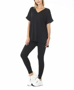 42POPS | Black Brushed Microfiber V-Neck Top & Leggings - Women