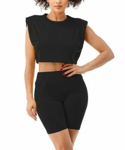 42POPS | Black Crop Muscle Top & High-Waist Bike Shorts - Women
