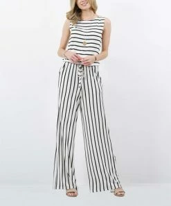 42POPS | White & Black Stripe Sleeveless Pocket Jumpsuit - Plus