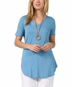 42POPS | Saint Blue V-Neck Short-Sleeve Curved-Hem Tunic - Women
