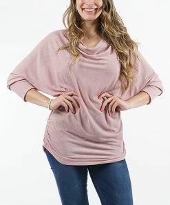 42POPS | Rose Side-Shirred Cowl Neck Three-Quarter Sleeve Dolman Top - Plus