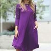 42POPS | Purple Crewneck Long-Sleeve Pocket Shift Dress - Women