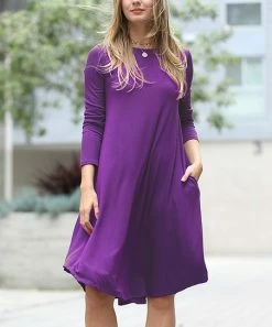 42POPS | Purple Crewneck Long-Sleeve Pocket Shift Dress - Women