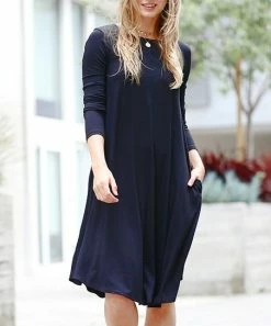42POPS | Navy Crewneck Long-Sleeve Pocket Shift Dress - Women
