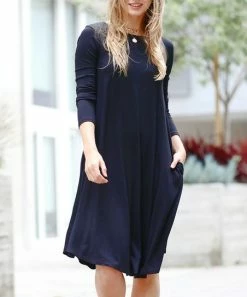42POPS | Navy Three-Quarter Sleeve Pocket Midi Dress - Women