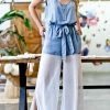 42POPS | Light Denim & White Contrast Sheer Jumpsuit - Women