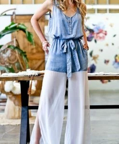 42POPS | Light Denim & White Contrast Sheer Jumpsuit - Women