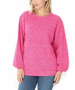 42POPS | Hot Pink Melange Round-Neck Balloon-Sleeve Sweater - Women