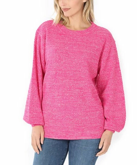 42POPS | Hot Pink Melange Round-Neck Balloon-Sleeve Sweater - Women