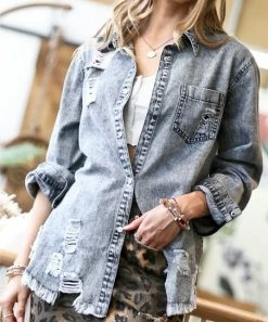 42POPS | Denim Gray Distressed Pocket Button-Down Top - Women
