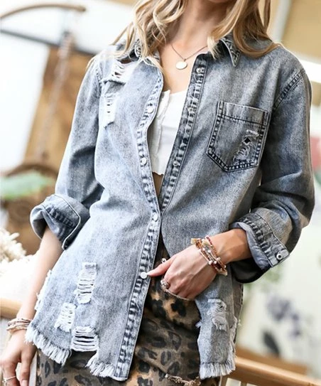 42POPS | Denim Gray Distressed Pocket Button-Down Top - Women